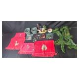 Assorted Holiday Decor Lot with Red Towels, Garland, and Figurines Assorted Holiday Decor Lot with Red Towels, Garland, and Figurines