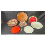 Assorted VTG Decorative Plate and Tray Collection Including Wood, Metal, Ceramic, and Woven Pieces Assorted VTG Decorative Plate and Tray Collection Including Wood, Metal, Ceramic, and Woven Pieces