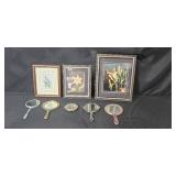 Lot of 3 Framed Floral Art Prints and Vintage Hand Mirrors Lot of 3 Framed Floral Art Prints and Vintage Hand Mirrors