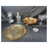 Vintage Depression Glassware Collection with Etched Goblet, Footed Bowl, Tray, and Shakers Vintage Depression Glassware Collection with Etched Goblet, Footed Bowl, Tray, and Shakers