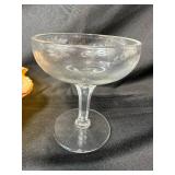 Vintage Depression Glassware Collection with Etched Goblet, Footed Bowl, Tray, and Shakers Vintage Depression Glassware Collection with Etched Goblet, Footed Bowl, Tray, and Shakers