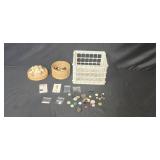 Assorted Buttons with Wicker Basket, and Plastic Bin Assorted Buttons with Wicker Basket, and Plastic Bin