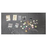 Assorted Buttons with Wicker Basket, and Plastic Bin Assorted Buttons with Wicker Basket, and Plastic Bin