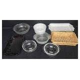 VTG Collection of Glass and Ceramic Bakeware with Wicker Basket VTG Collection of Glass and Ceramic Bakeware with Wicker Basket