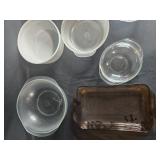 VTG Collection of Glass and Ceramic Bakeware with Wicker Basket VTG Collection of Glass and Ceramic Bakeware with Wicker Basket