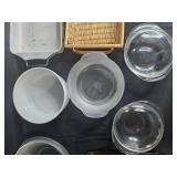 VTG Collection of Glass and Ceramic Bakeware with Wicker Basket VTG Collection of Glass and Ceramic Bakeware with Wicker Basket