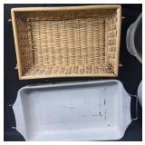 VTG Collection of Glass and Ceramic Bakeware with Wicker Basket VTG Collection of Glass and Ceramic Bakeware with Wicker Basket