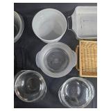 VTG Collection of Glass and Ceramic Bakeware with Wicker Basket VTG Collection of Glass and Ceramic Bakeware with Wicker Basket