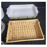 VTG Collection of Glass and Ceramic Bakeware with Wicker Basket VTG Collection of Glass and Ceramic Bakeware with Wicker Basket
