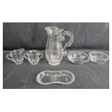 Imperial Glass Pitcher, Sugar, Creamer, Bowls, and Tray Set with Bubble Handles Imperial Glass Pitcher, Sugar, Creamer, Bowls, and Tray Set with Bubble Handles
