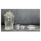 VTG Glass Kitchenware and Silverplate Serving Set with Jar, Butter Dish, Creamer, and Spoons VTG Glass Kitchenware and Silverplate Serving Set with Jar, Butter Dish, Creamer, and Spoons