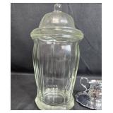 VTG Glass Kitchenware and Silverplate Serving Set with Jar, Butter Dish, Creamer, and Spoons VTG Glass Kitchenware and Silverplate Serving Set with Jar, Butter Dish, Creamer, and Spoons