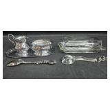 VTG Glass Kitchenware and Silverplate Serving Set with Jar, Butter Dish, Creamer, and Spoons VTG Glass Kitchenware and Silverplate Serving Set with Jar, Butter Dish, Creamer, and Spoons