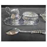 VTG Glass Kitchenware and Silverplate Serving Set with Jar, Butter Dish, Creamer, and Spoons VTG Glass Kitchenware and Silverplate Serving Set with Jar, Butter Dish, Creamer, and Spoons