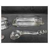VTG Glass Kitchenware and Silverplate Serving Set with Jar, Butter Dish, Creamer, and Spoons VTG Glass Kitchenware and Silverplate Serving Set with Jar, Butter Dish, Creamer, and Spoons