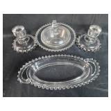 Imperial Candlewick Glass Serving Set with Covered Dish and Candle Holders Imperial Candlewick Glass Serving Set with Covered Dish and Candle Holders