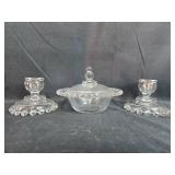 Imperial Candlewick Glass Serving Set with Covered Dish and Candle Holders Imperial Candlewick Glass Serving Set with Covered Dish and Candle Holders