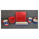 Patriotic Stoneware Dinnerware Set with Bowls, Mugs, Plates, and Tray Patriotic Stoneware Dinnerware Set with Bowls, Mugs, Plates, and Tray