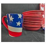Patriotic Stoneware Dinnerware Set with Bowls, Mugs, Plates, and Tray Patriotic Stoneware Dinnerware Set with Bowls, Mugs, Plates, and Tray