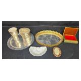 Lot of VTG Decorative Household Items Including Gold Rimmed Tray, Jeweled Box, and Porcelain Pieces Lot of VTG Decorative Household Items Including Gold Rimmed Tray, Jeweled Box, and Porcelain Pieces