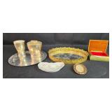 Lot of VTG Decorative Household Items Including Gold Rimmed Tray, Jeweled Box, and Porcelain Pieces Lot of VTG Decorative Household Items Including Gold Rimmed Tray, Jeweled Box, and Porcelain Pieces