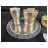 Lot of VTG Decorative Household Items Including Gold Rimmed Tray, Jeweled Box, and Porcelain Pieces Lot of VTG Decorative Household Items Including Gold Rimmed Tray, Jeweled Box, and Porcelain Pieces