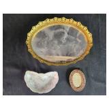 Lot of VTG Decorative Household Items Including Gold Rimmed Tray, Jeweled Box, and Porcelain Pieces Lot of VTG Decorative Household Items Including Gold Rimmed Tray, Jeweled Box, and Porcelain Pieces