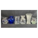 Set of Assorted Glass Flower Vases Including Blue and Clear Designs Set of Assorted Glass Flower Vases Including Blue and Clear Designs
