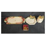 Fitz and Floyd Holiday Ceramic Serving Tray, Coaster, Trinket Box, and Ornament Set Fitz and Floyd Holiday Ceramic Serving Tray, Coaster, Trinket Box, and Ornament Set