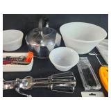 Kitchenware Collection Including Mixing Bowls, Teakettle, Tools, and Gadgets Kitchenware Collection Including Mixing Bowls, Teakettle, Tools, and Gadgets