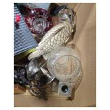 Box Lot of Assorted Home Decor and Collectibles Inc Pair of Mikasa Ruby Crystal Candle Holders & "The White House" Holiday Ornament