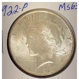 1922- P  Peace Silver Dollar MS64