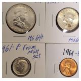 1961 - P  Half, Quarter, Dime & Penny from Mint Set MS64-65