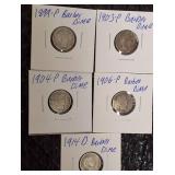 5- Different Silver Barber Dimes