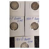 5- Different Silver Barber Dimes