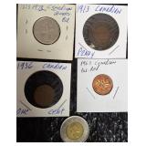 Canadian Coins - 1913 Penny, 1936 Penny & 1965 Penny BU, 2 dollar 1999 & 1973 Quarter -BU