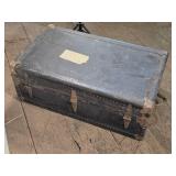 Vintage Trunk with Metal Hardware and Rivets approximately 34 inches in width, 21 inches in depth, and 12 inches in heigh Vintage Trunk with Metal Hardware and Rivets approximately 34 inches in width, 21 inches in depth, and 12 inches in heigh