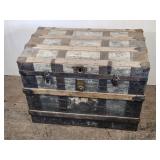 Large Antique Wooden Trunk with Metal Reinforcements approximately 34 inches in length, 21 inches in width, and 25 inches in height Large Antique Wooden Trunk with Metal Reinforcements approximately 34 inches in length, 21 inches in width, and 25 inches in height
