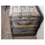 Large Antique Wooden Trunk with Metal Reinforcements approximately 34 inches in length, 21 inches in width, and 25 inches in height Large Antique Wooden Trunk with Metal Reinforcements approximately 34 inches in length, 21 inches in width, and 25 inches in height