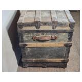 Large Antique Wooden Trunk with Metal Reinforcements approximately 34 inches in length, 21 inches in width, and 25 inches in height Large Antique Wooden Trunk with Metal Reinforcements approximately 34 inches in length, 21 inches in width, and 25 inches in height
