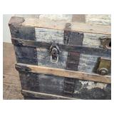 Large Antique Wooden Trunk with Metal Reinforcements approximately 34 inches in length, 21 inches in width, and 25 inches in height Large Antique Wooden Trunk with Metal Reinforcements approximately 34 inches in length, 21 inches in width, and 25 inches in height