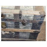 Large Antique Wooden Trunk with Metal Reinforcements approximately 34 inches in length, 21 inches in width, and 25 inches in height Large Antique Wooden Trunk with Metal Reinforcements approximately 34 inches in length, 21 inches in width, and 25 inches in height
