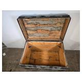 Large Antique Wooden Trunk with Metal Reinforcements approximately 34 inches in length, 21 inches in width, and 25 inches in height Large Antique Wooden Trunk with Metal Reinforcements approximately 34 inches in length, 21 inches in width, and 25 inches in height