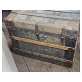 Large Antique Wooden Trunk with Metal Reinforcements approximately 34 inches in length, 21 inches in width, and 25 inches in height Large Antique Wooden Trunk with Metal Reinforcements approximately 34 inches in length, 21 inches in width, and 25 inches in height