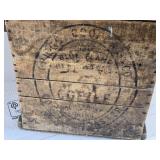 Antique Wooden Coffee Crate featuring markings such as "Blue Flame" and "Coffee." approximately 14 inches in width and height, Antique Wooden Coffee Crate featuring markings such as "Blue Flame" and "Coffee." approximately 14 inches in width and height,