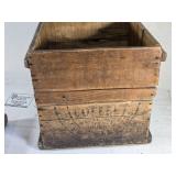 Antique Wooden Coffee Crate featuring markings such as "Blue Flame" and "Coffee." approximately 14 inches in width and height, Antique Wooden Coffee Crate featuring markings such as "Blue Flame" and "Coffee." approximately 14 inches in width and height,