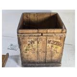 Antique Wooden Coffee Crate featuring markings such as "Blue Flame" and "Coffee." approximately 14 inches in width and height, Antique Wooden Coffee Crate featuring markings such as "Blue Flame" and "Coffee." approximately 14 inches in width and height,