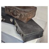 Lot of 3 Antique/Vintage Suitcases including Leather-Trimmed Case, Black Case, and Fabric-Lined Case Lot of 3 Antique/Vintage Suitcases including Leather-Trimmed Case, Black Case, and Fabric-Lined Case