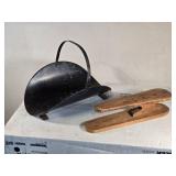 Antique Coal Scuttle and Wooden Boot Jack Antique Coal Scuttle and Wooden Boot Jack