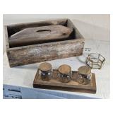 Rustic Wooden Tool Carrier Box, Glass Jars with Wood Base and Small Decorative Glass Box Rustic Wooden Tool Carrier Box, Glass Jars with Wood Base and Small Decorative Glass Box